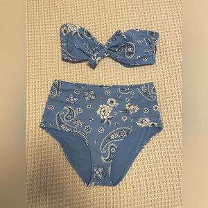 Aerie Blue Bandana Print High Rise Waisted Bandeau Bikini